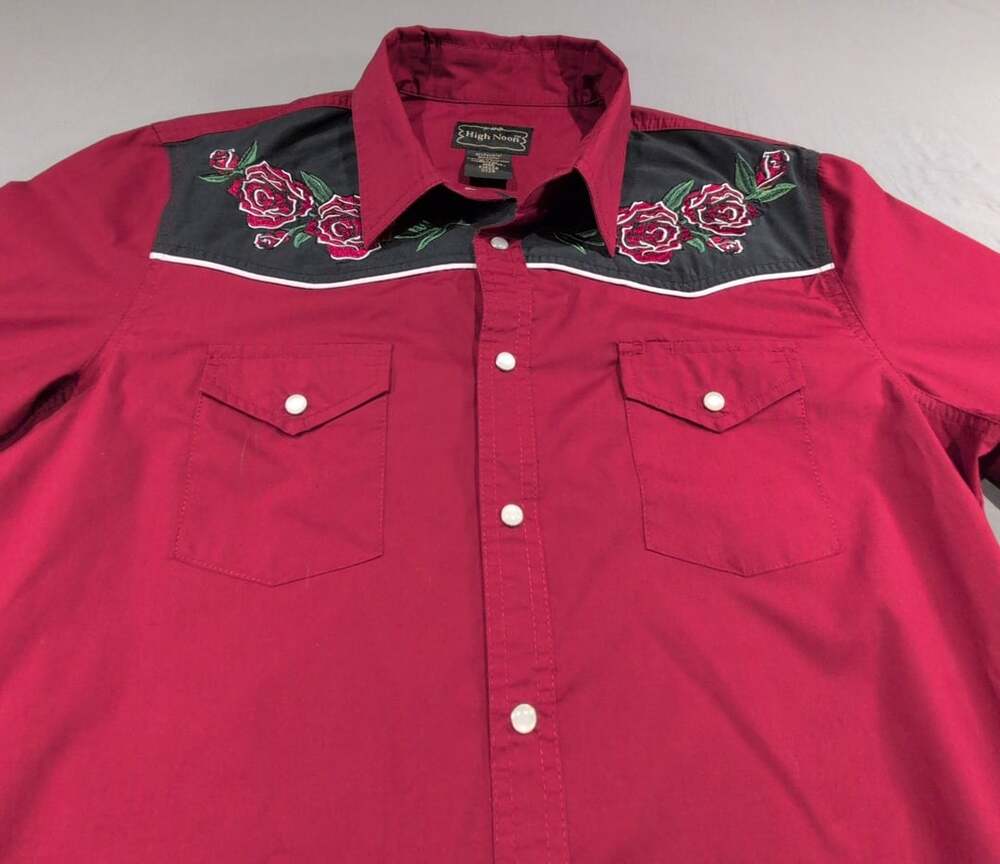High Noon Western Shirt Size Med Red Rose Embroidered Pearl Snap Cowboy